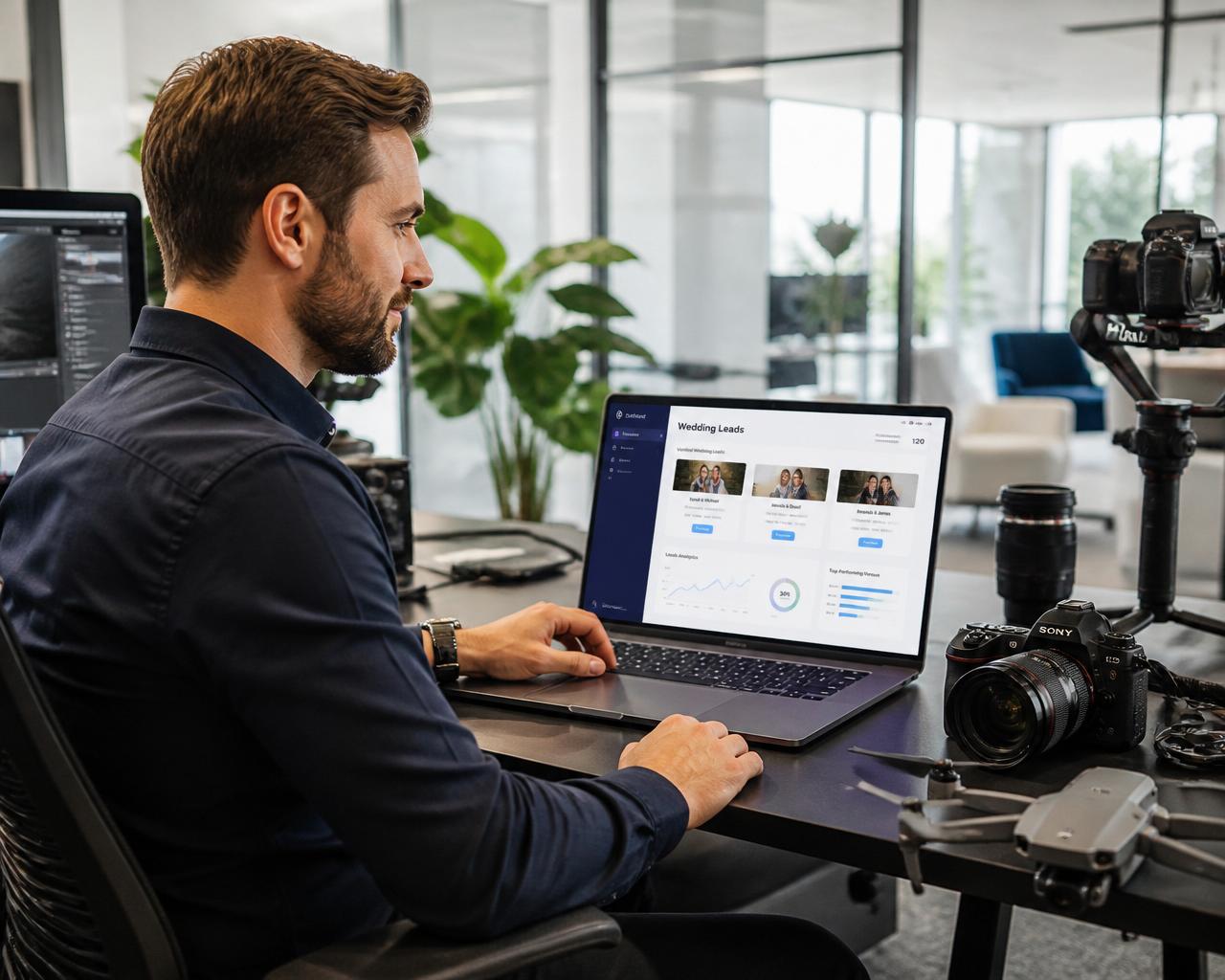 Wedding photographer reviewing verified leads on modern SaaS dashboard