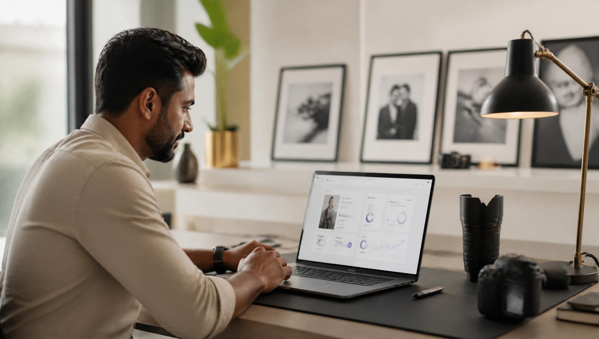 Professional photographer reviewing verified wedding leads on a laptop dashboard
