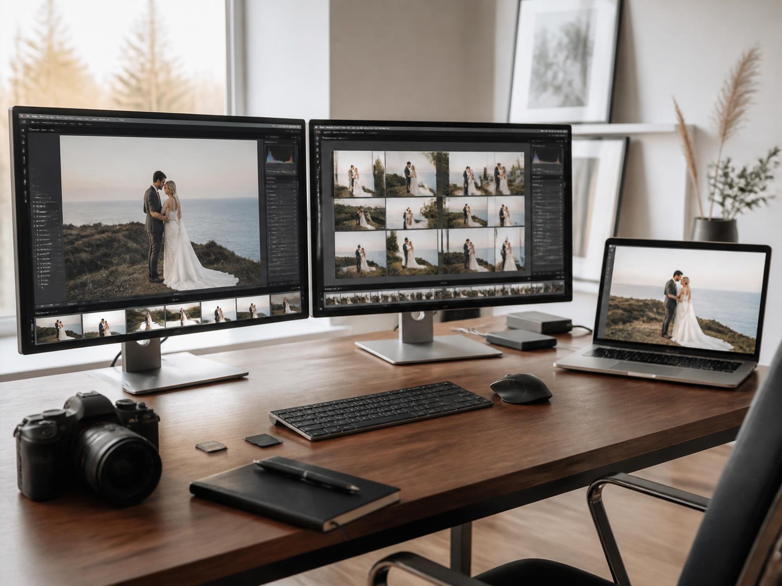 Modern photography editing studio with dual monitors and MacBook
