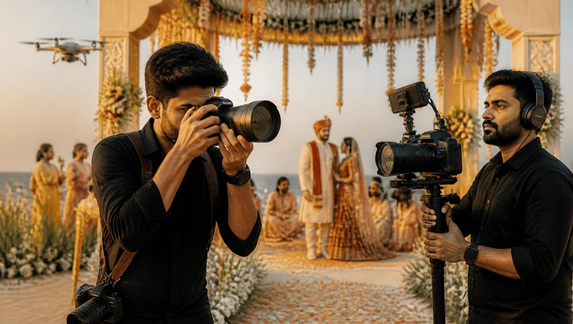 Professional wedding photographers and videographers working at a luxury Odisha wedding